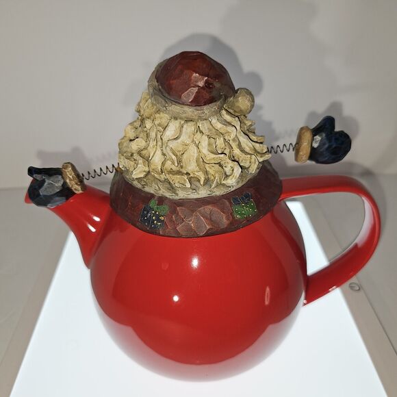 SANTA CLAUS Custom Christmas Teapot Springy Arms Holiday 8.5"x8" Red Ceramic - Picture 3 of 14